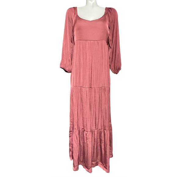 NEW SOMA SPICED WHISKEY CRINKLE SATIN V-NECK TIERED MAXI BRA DRESS SIZE SMALL - Picture 1 of 9